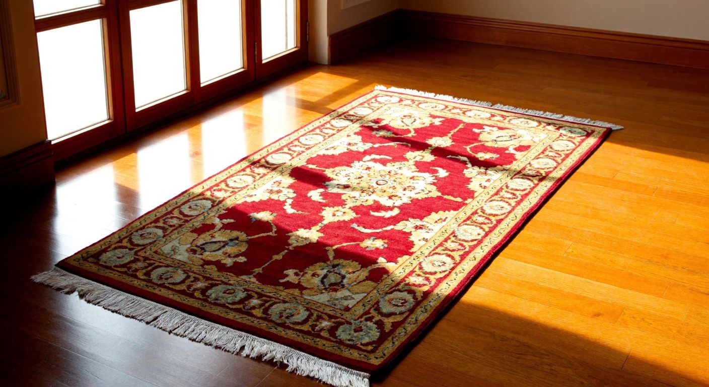A handwoven Turkish carpet with intricate floral patterns in rich red and gold hues lies on a polished wooden floor, bathed in warm sunlight streaming through a traditional arched window.