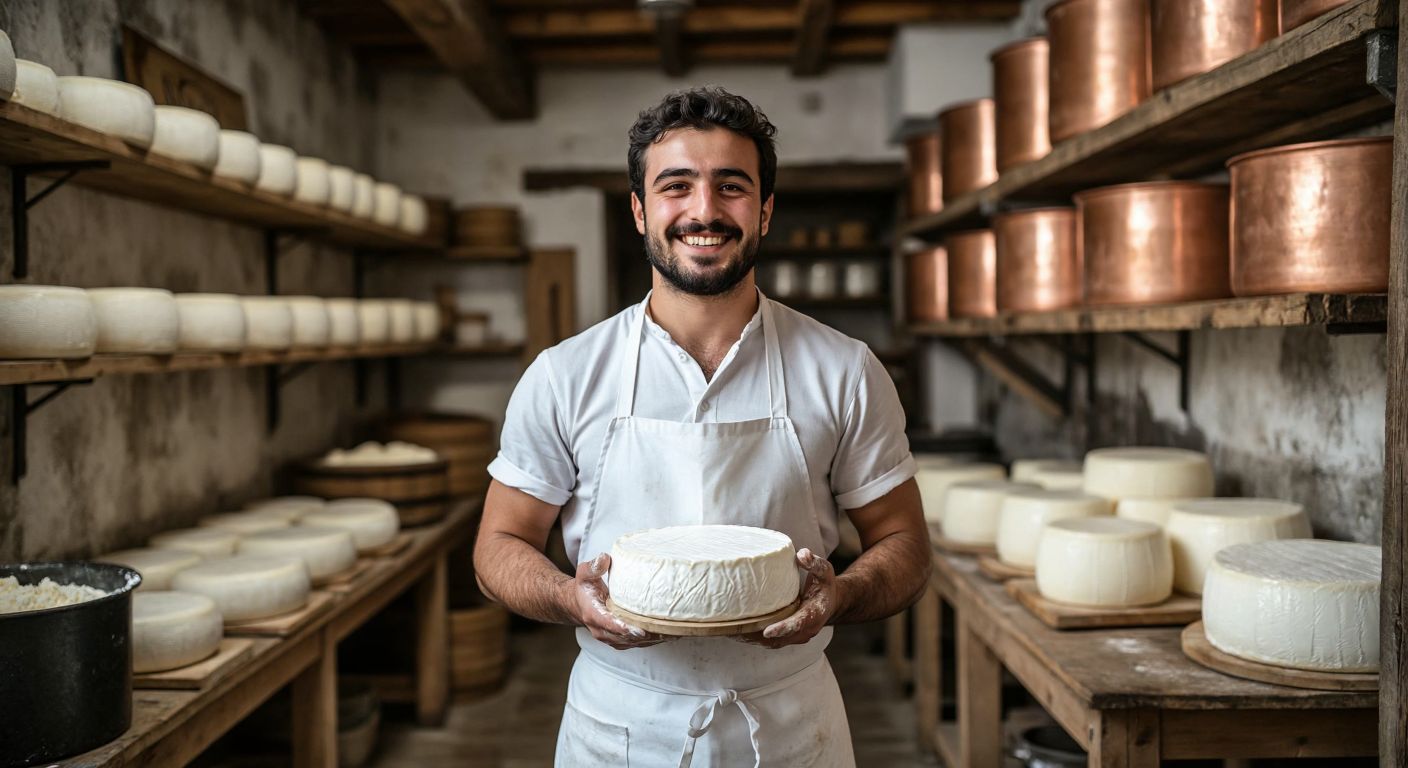 A smiling Turkish cheesemaker in a white apron proudly holds a round of fresh white cheese in a rustic dairy workshop, surrounded by copper vats and shelves of aging cheeses.