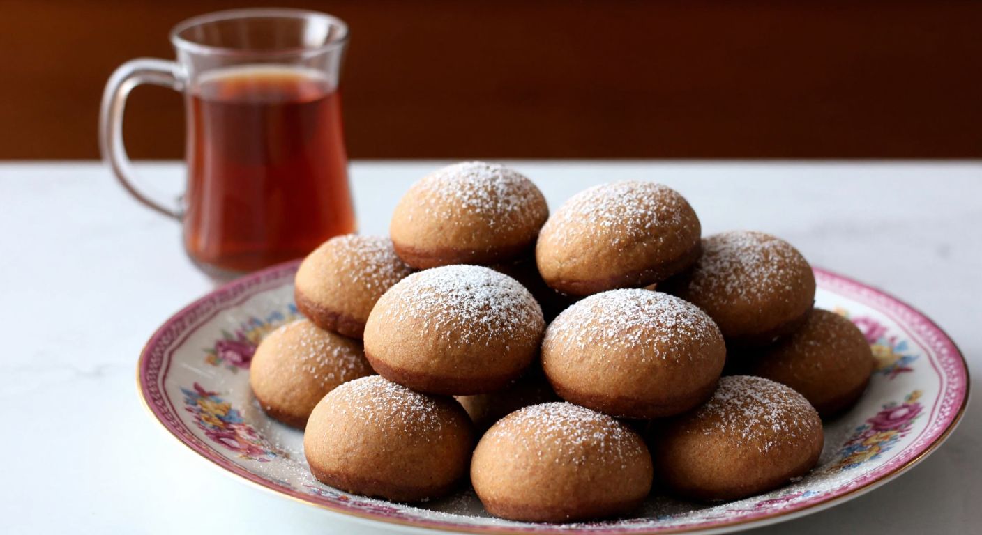 A warm Turkish kitchen with golden-brown cocoa-starch cookies dusted lightly with powdered sugar, resting on a floral ceramic plate beside a glass of çay.