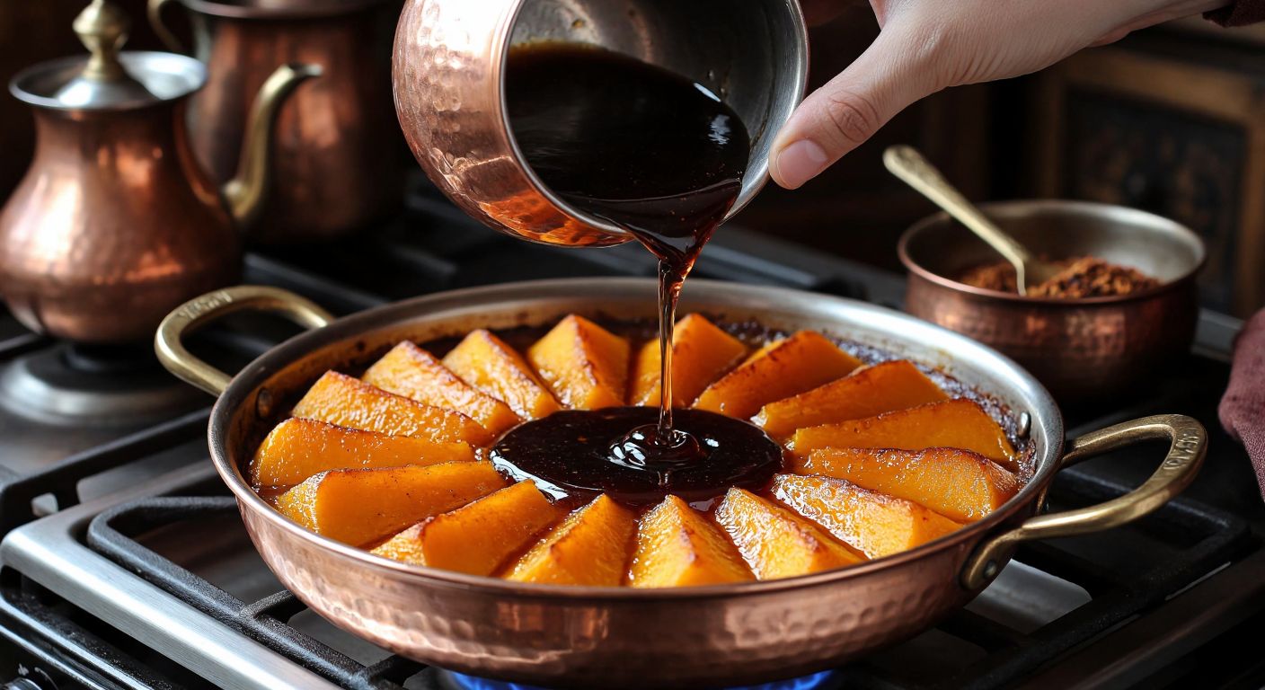 A warm, golden-brown pumpkin dessert simmering in a copper pot on a stove, with a hand pouring thick, dark pekmez syrup over the softened pumpkin slices, surrounded by rustic Turkish kitchen utensils and the aroma of spices filling the air.