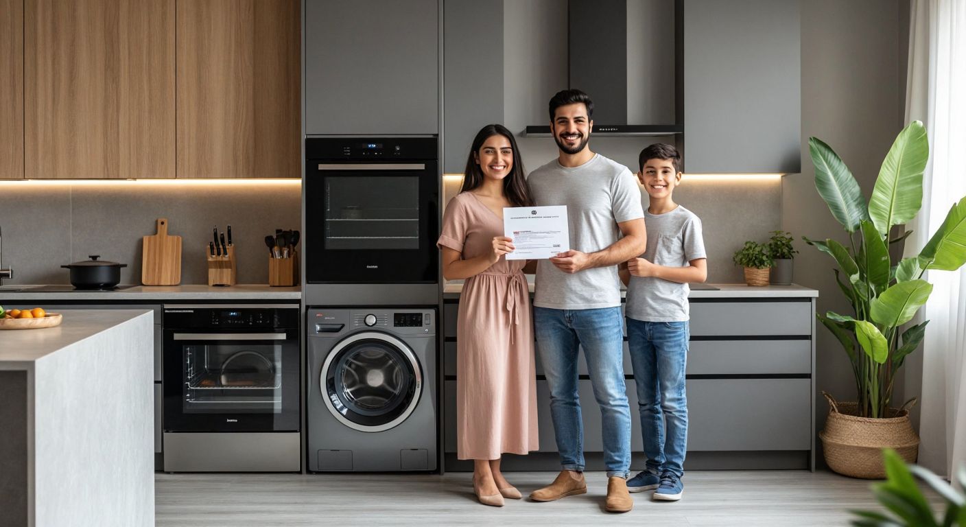 A modern Turkish kitchen with sleek Siemens appliances—a refrigerator, washing machine, and oven—arranged neatly, while a smiling family in casual home attire stands nearby, one holding a warranty document with a confident expression.