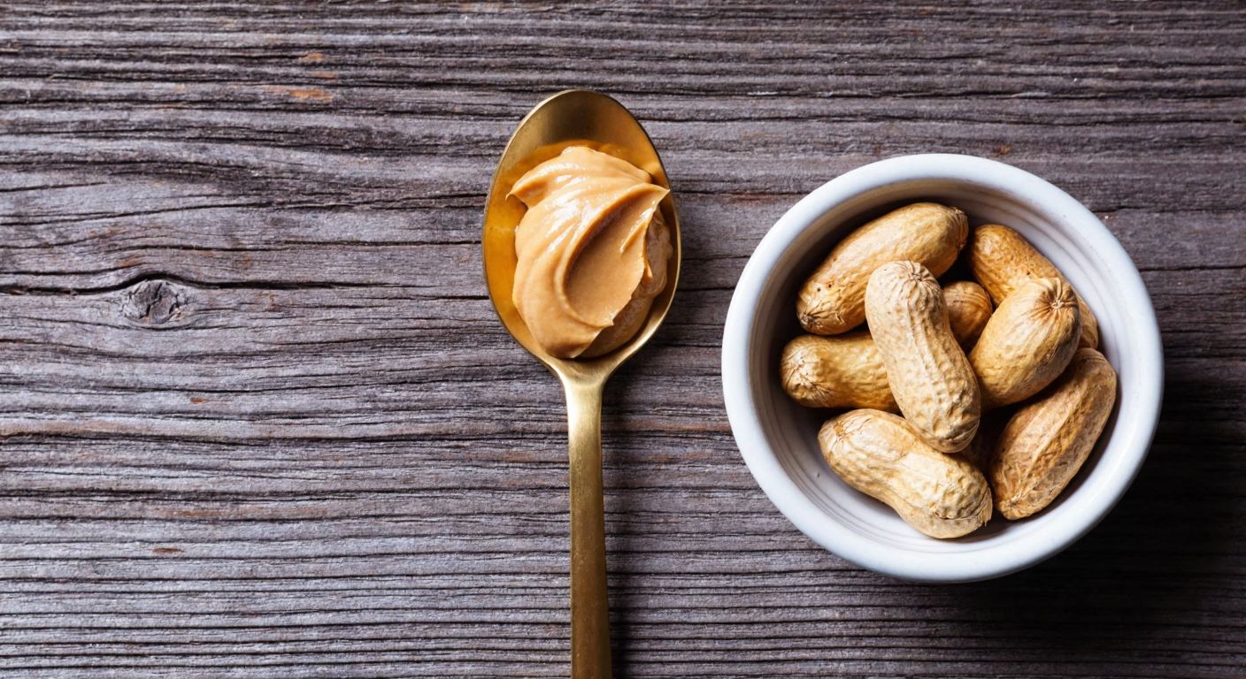 A small, golden spoon filled with creamy peanut butter resting on a rustic wooden table beside a small bowl of whole peanuts, evoking warmth and simplicity.