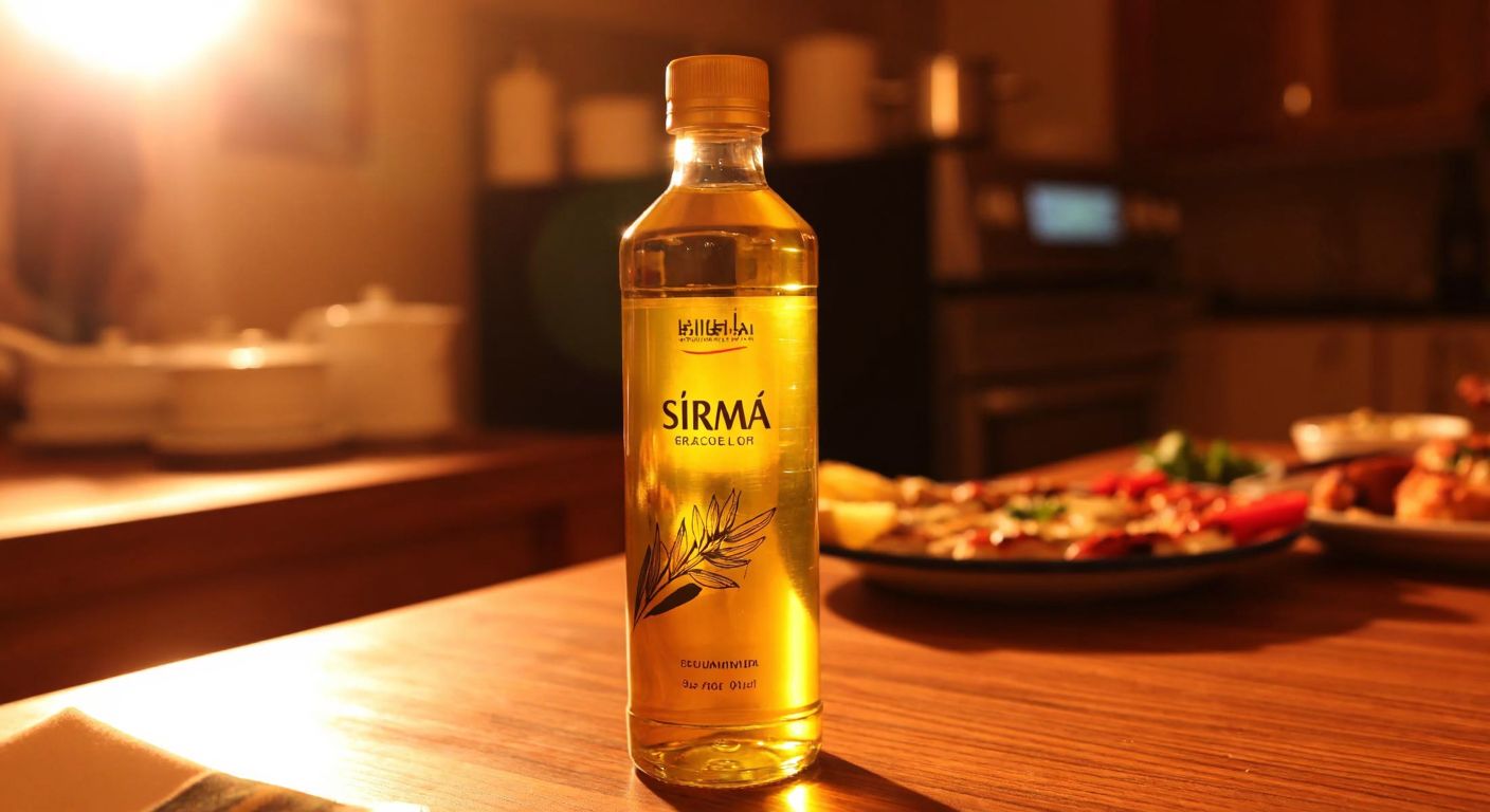 A golden bottle of Sırma oil placed on a wooden table in a Turkish kitchen, with a warm light casting a soft glow and a traditional Turkish breakfast spread in the background.