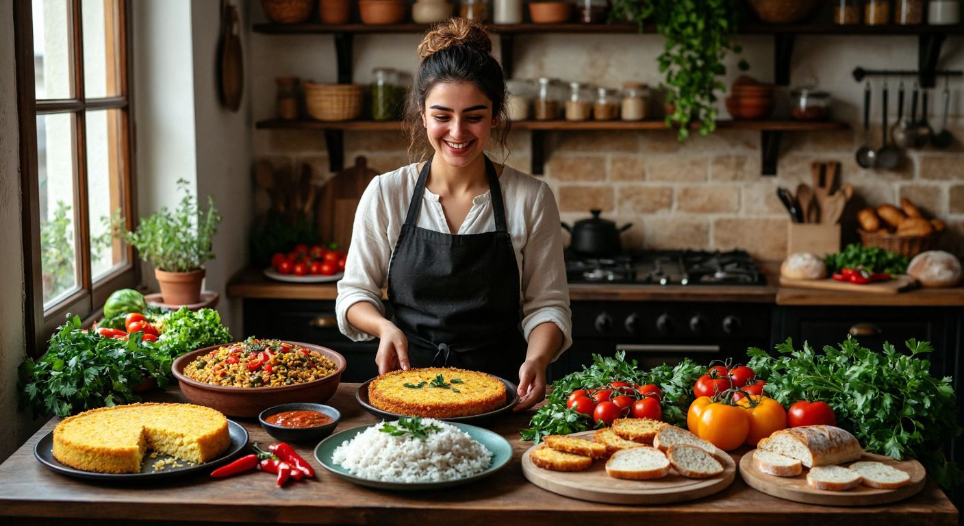 A Turkish kitchen table with a colorful spread of gluten-free foods like cornbread, rice pilaf, and fresh vegetables, while a smiling woman in an apron gently pushes away a plate of wheat bread.