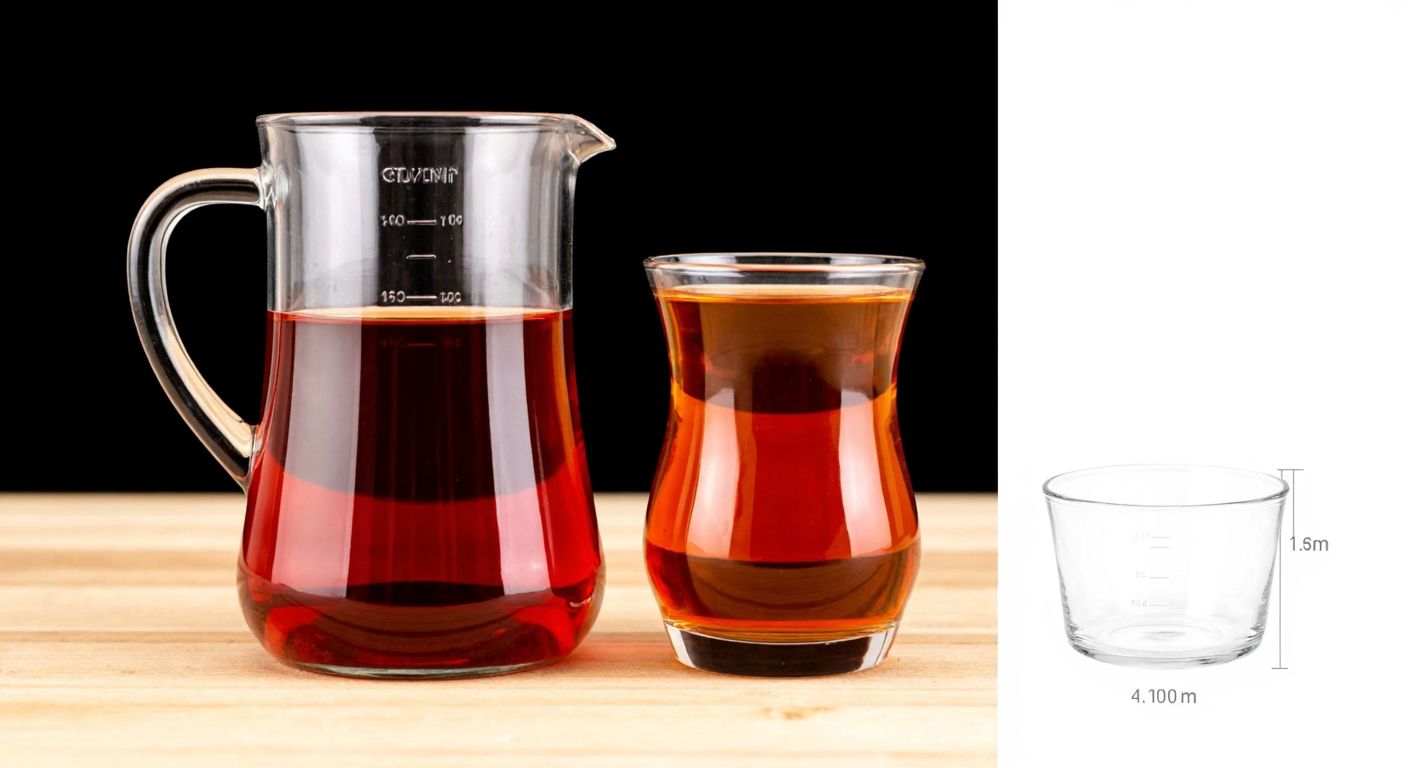 A clear glass measuring cup filled with 50 ml of water next to a traditional Turkish tea glass, with a quarter of the tea glass highlighted to show the equivalent volume.