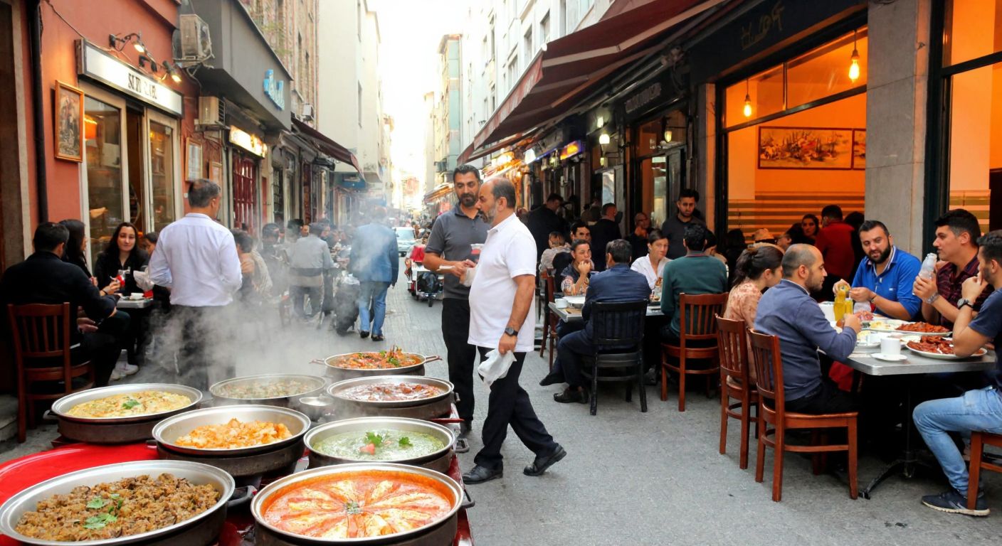 A bustling Turkish lokanta with steaming trays of traditional dishes, set on a lively street in Mahmut Şevket Paşa Mahallesi, where locals chat warmly over meals.