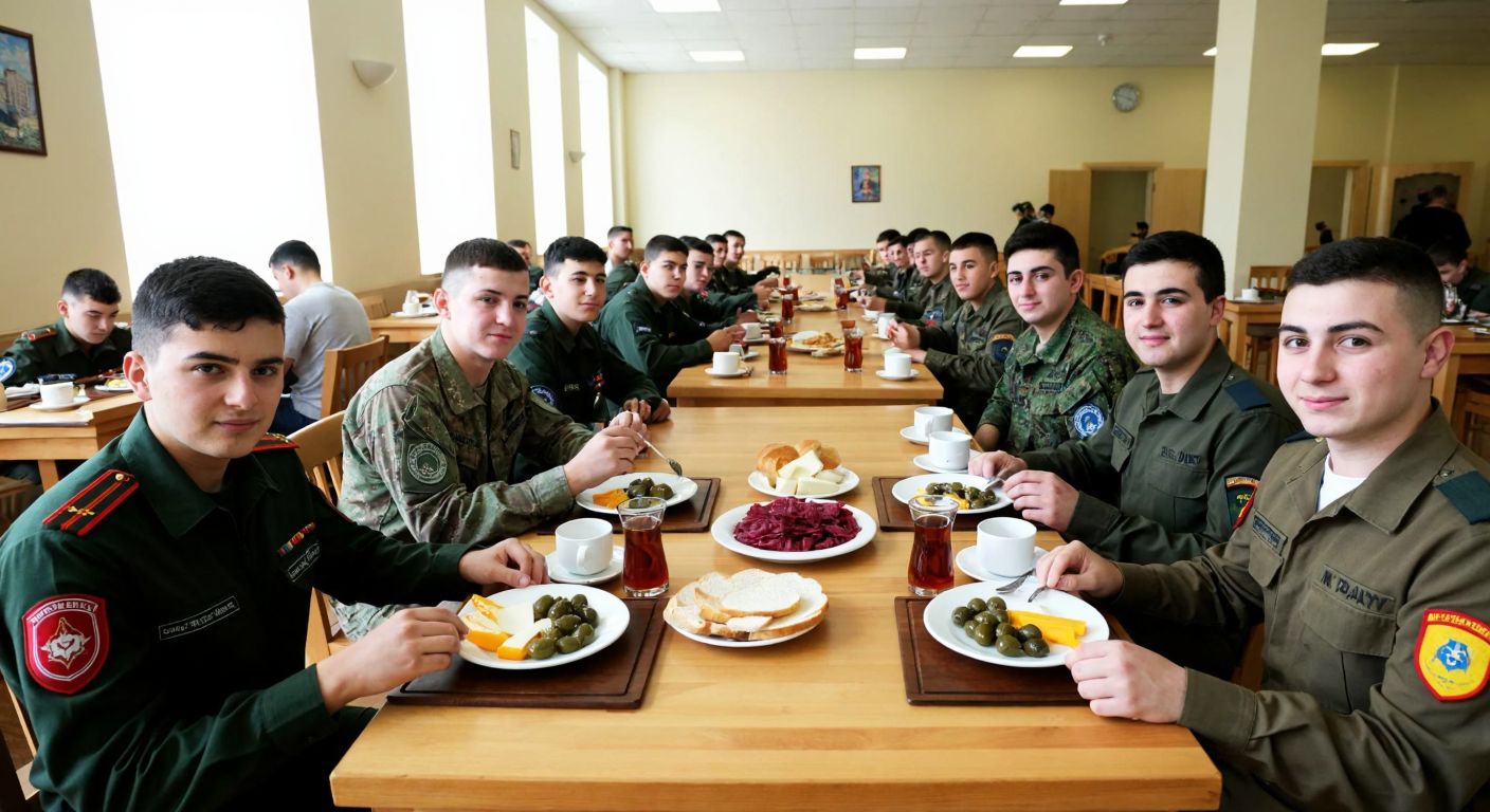 A group of young cadets in military uniforms sitting at long wooden tables in a bright, spacious dining hall, enjoying a traditional Turkish breakfast spread with olives, cheese, bread, and tea, their faces reflecting discipline and camaraderie.