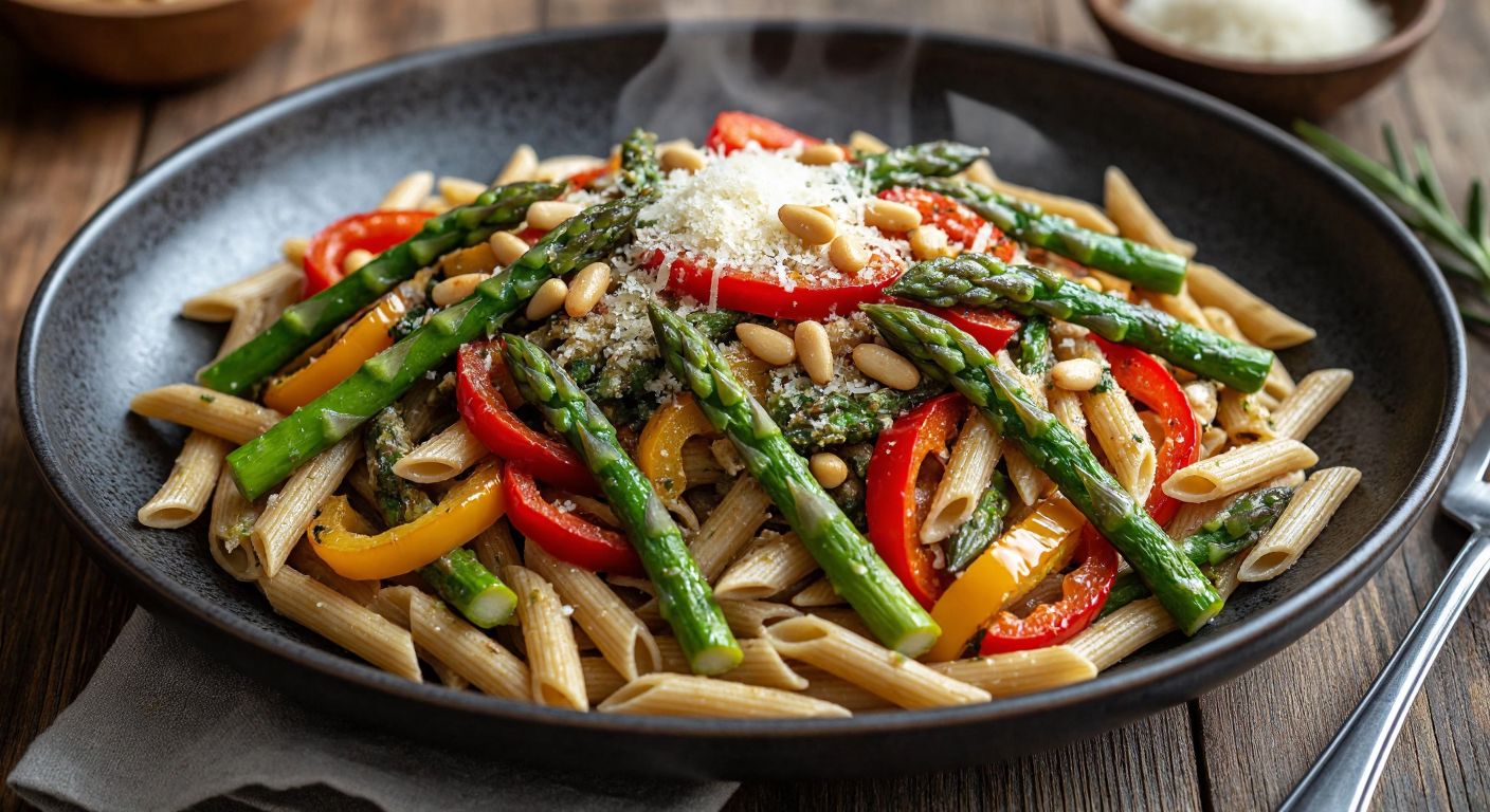 A steaming plate of whole wheat pasta topped with vibrant green asparagus, sautéed red and yellow peppers, sprinkled with golden pine nuts and grated parmesan, resting on a rustic wooden table in a Turkish kitchen.