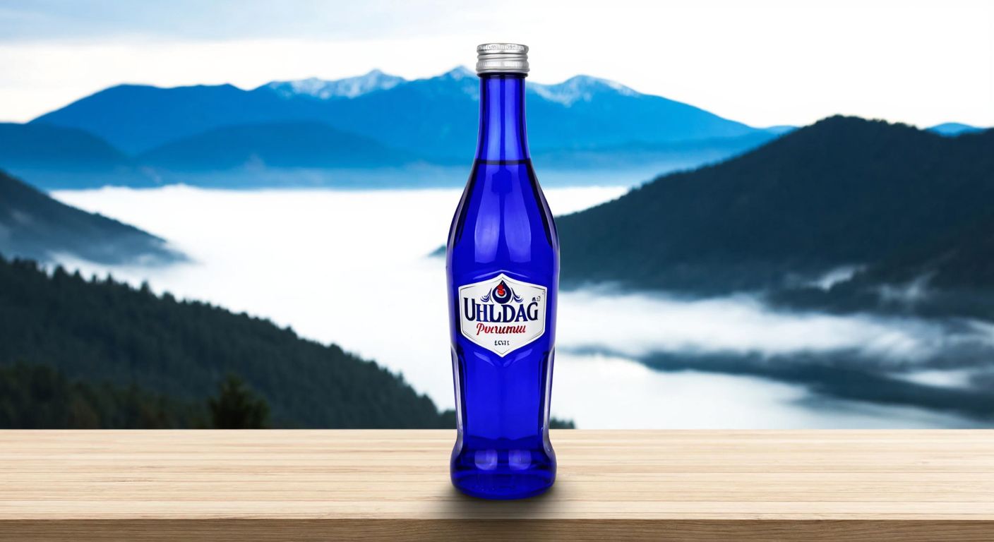 A sleek cobalt blue glass bottle of Uludağ Premium water, inspired by Ottoman glass art, sits on a wooden table with a backdrop of the misty Uludağ mountain range in Turkey.