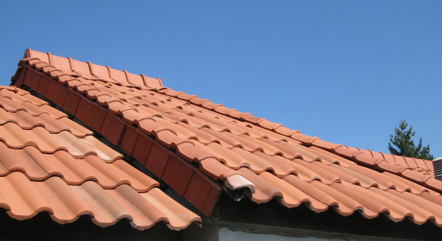 A traditional Turkish terracotta-tiled roof with a curved mahya ridge tile running along the peak where two sloping roof surfaces meet, under a clear blue sky.