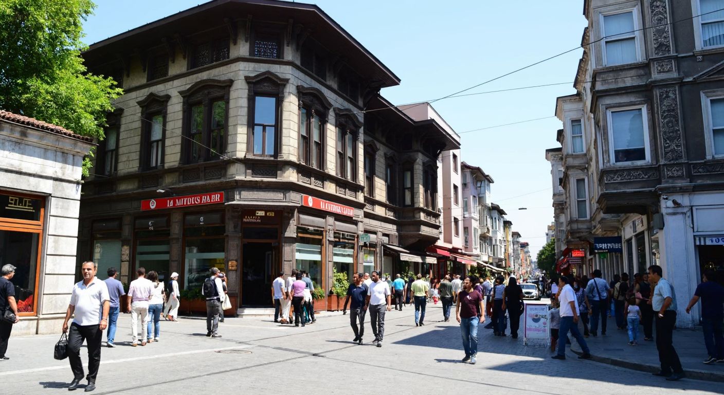 A bustling street in Istanbul's historic Fatih district, with a grand İş Bankası branch on Akdeniz Caddesi, framed by Ottoman-era architecture and locals walking past.