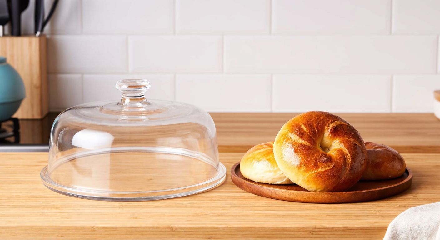 A clear glass cake dome and a translucent plastic one sit side by side on a wooden kitchen counter, with a freshly baked Turkish poğaça resting underneath each.