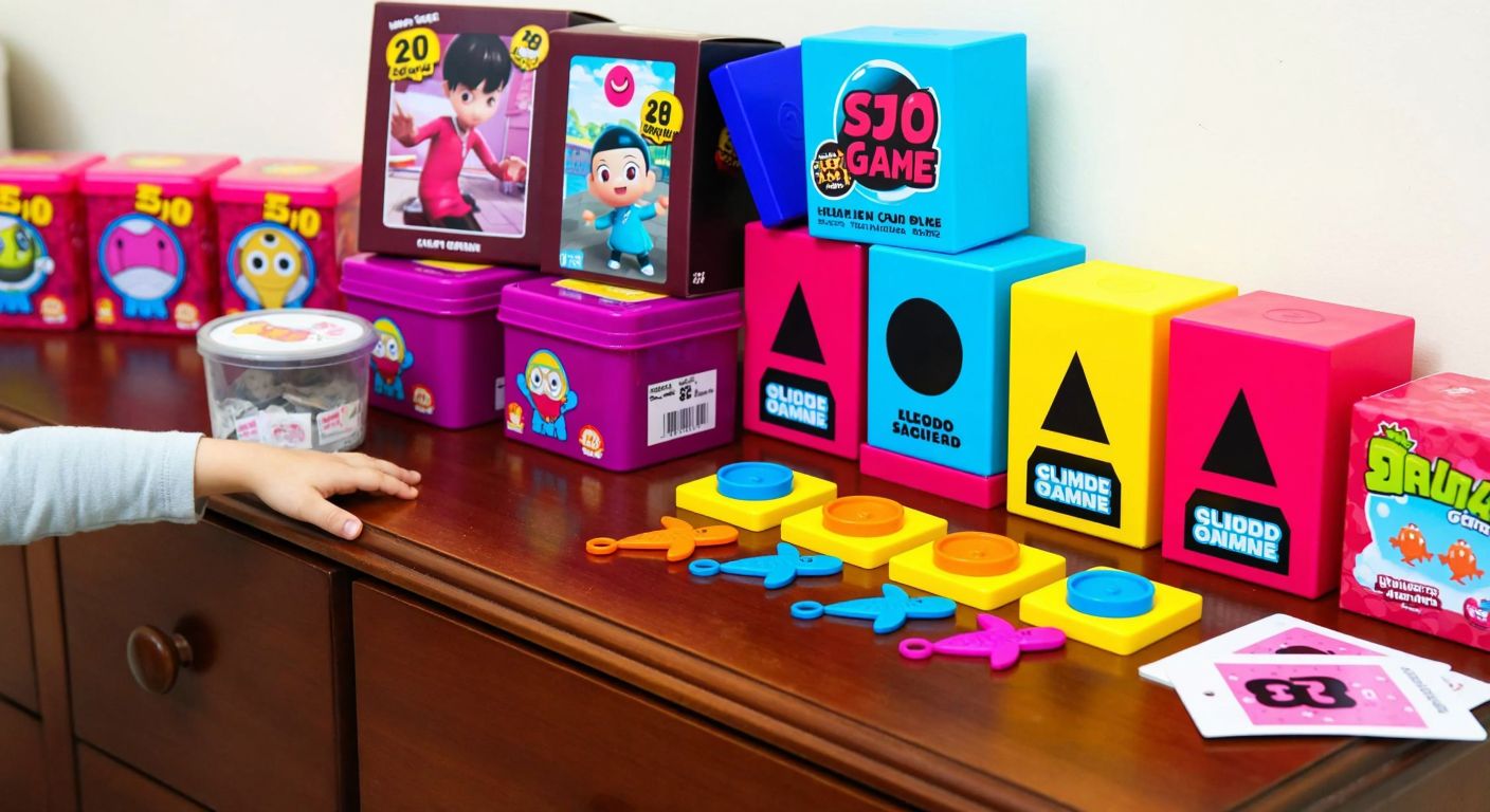 A colorful display of Squid Game-themed toy sets on a wooden table in a Turkish home, with price tags hidden but a child’s hand reaching excitedly toward the plastic game pieces.