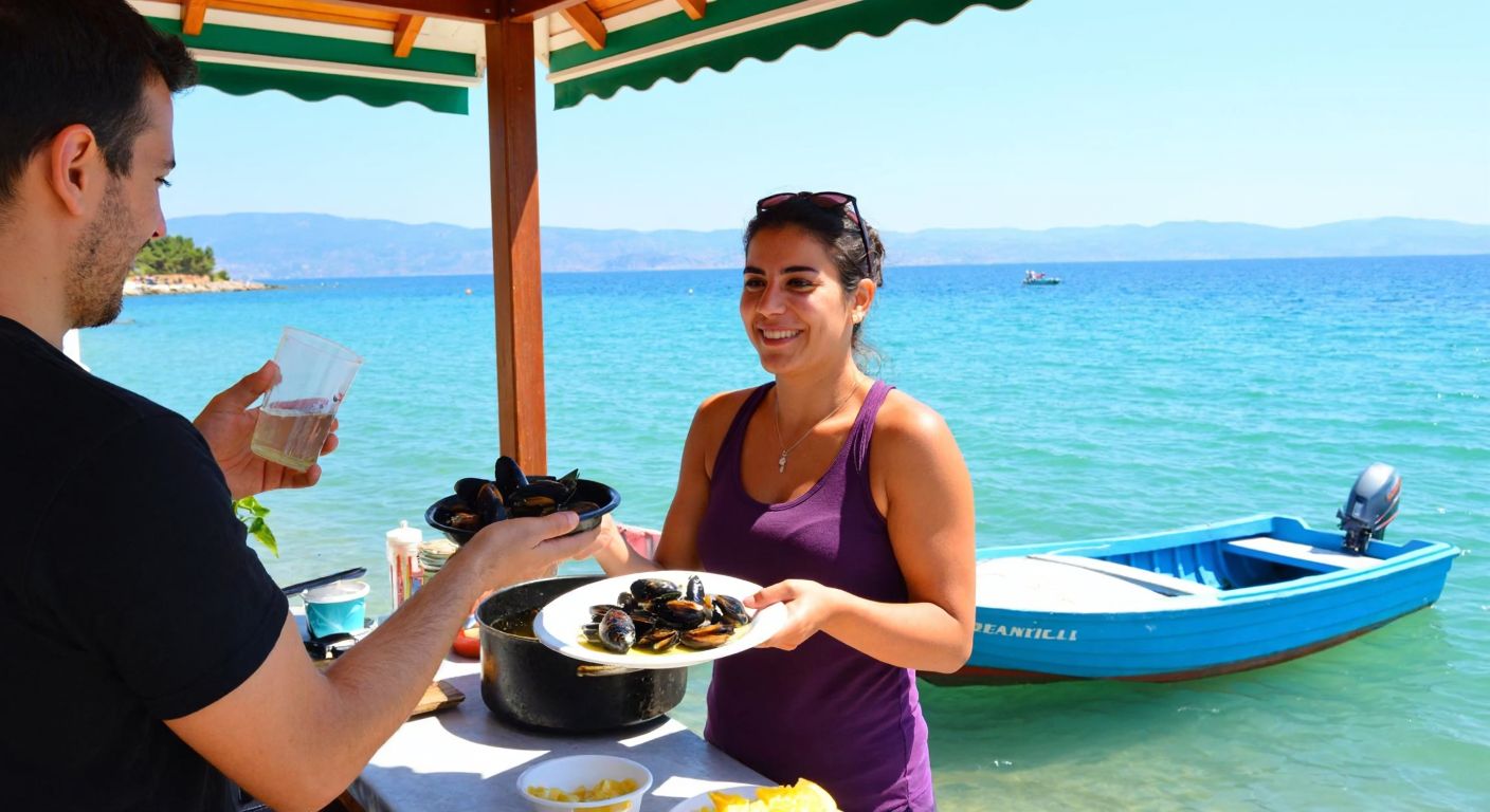 A sunny seaside scene in İnciraltı, with a vendor handing a steaming plate of mussels to a smiling customer, the turquoise sea and a small fishing boat in the background.