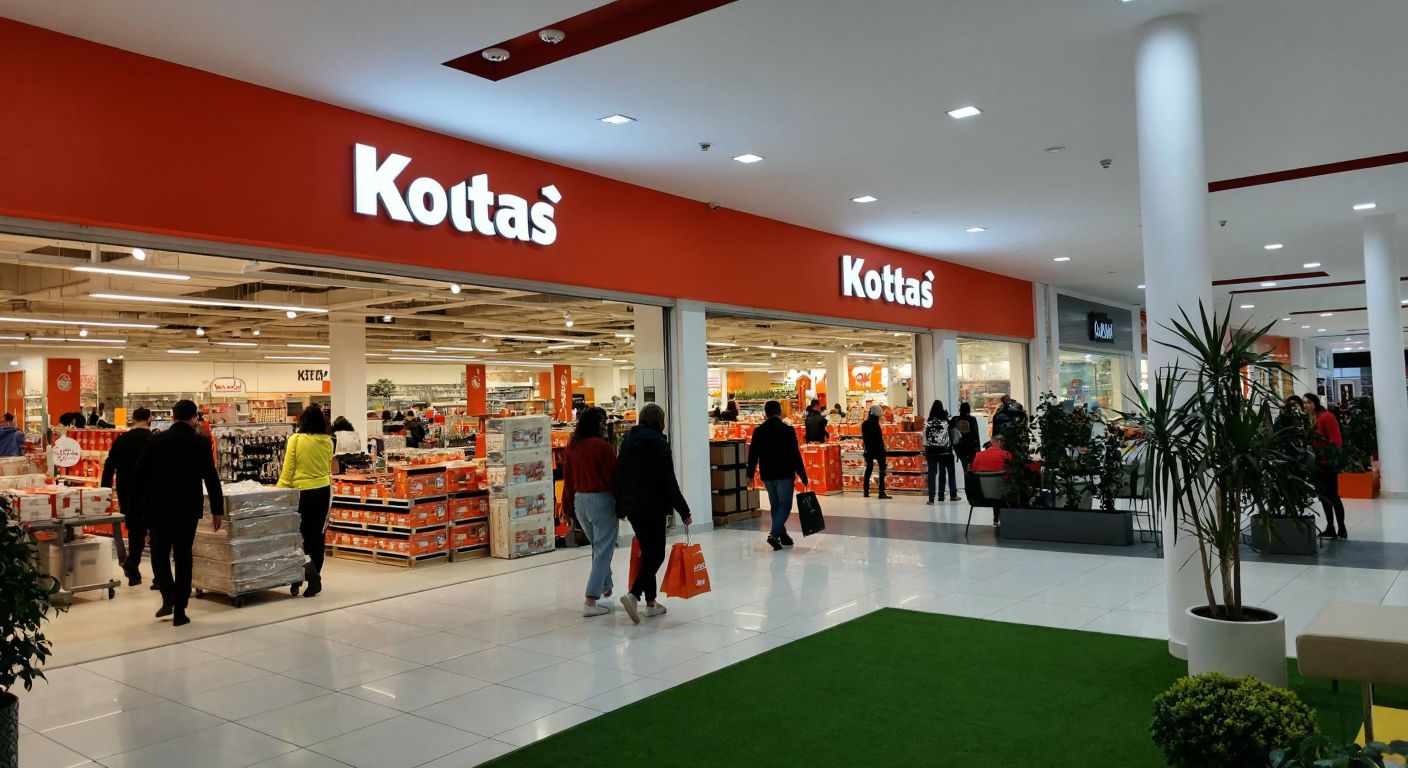 A bustling shopping mall in Isparta with a bright Koçtaş storefront, filled with shoppers carrying hardware items and plants, under warm indoor lighting.
