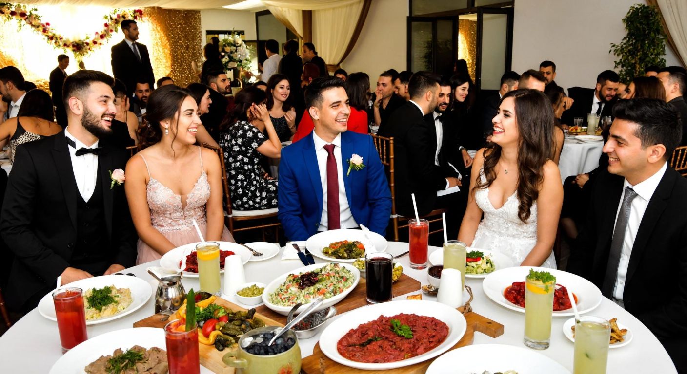 A lively wedding venue in Eskişehir with elegantly dressed guests chatting and laughing, surrounded by tables adorned with colorful non-alcoholic drinks and traditional Turkish meze platters.