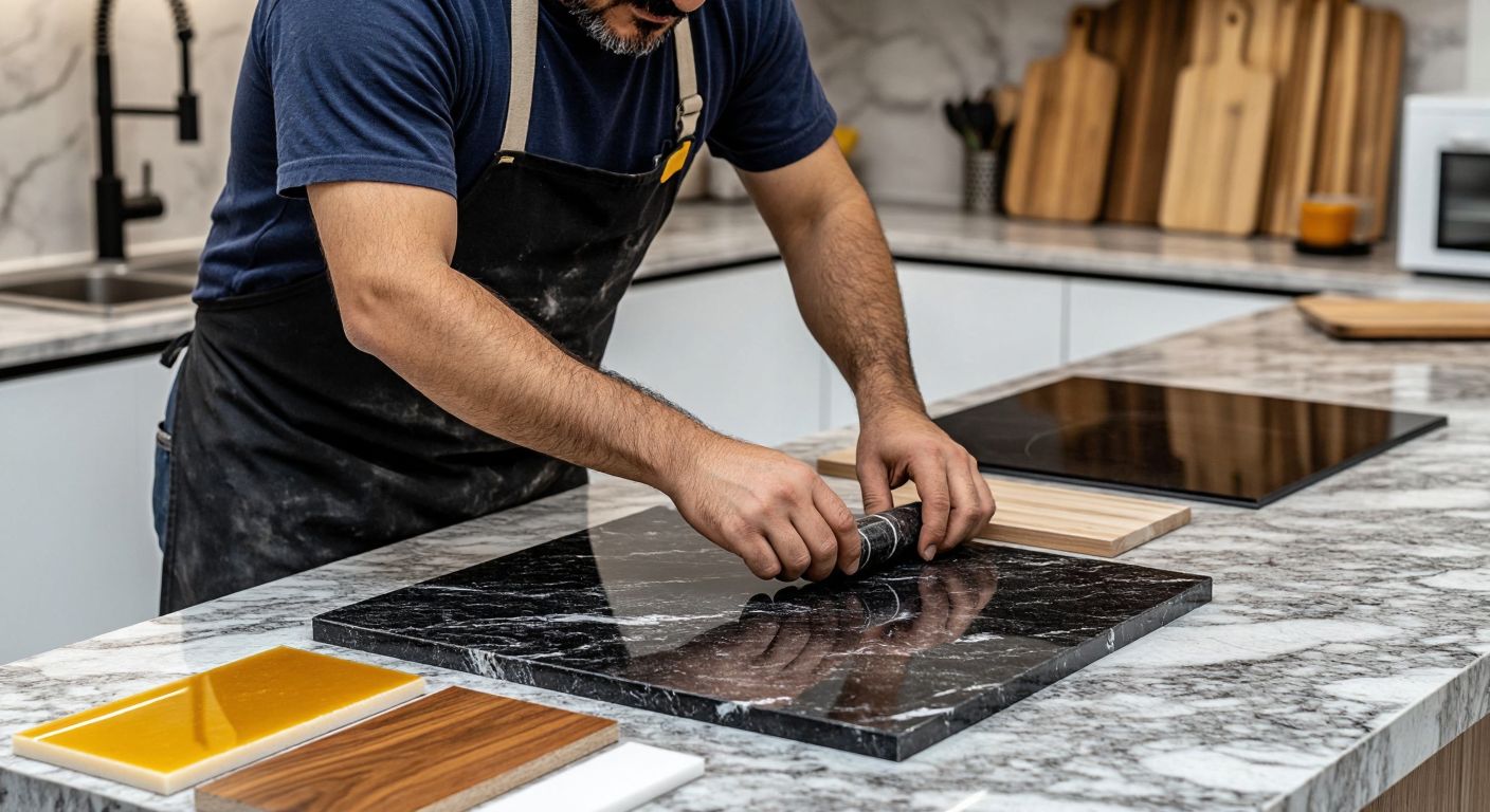 A Turkish craftsman carefully applying a glossy vinyl film to a kitchen countertop, surrounded by samples of marble, laminate, and epoxy resin materials.