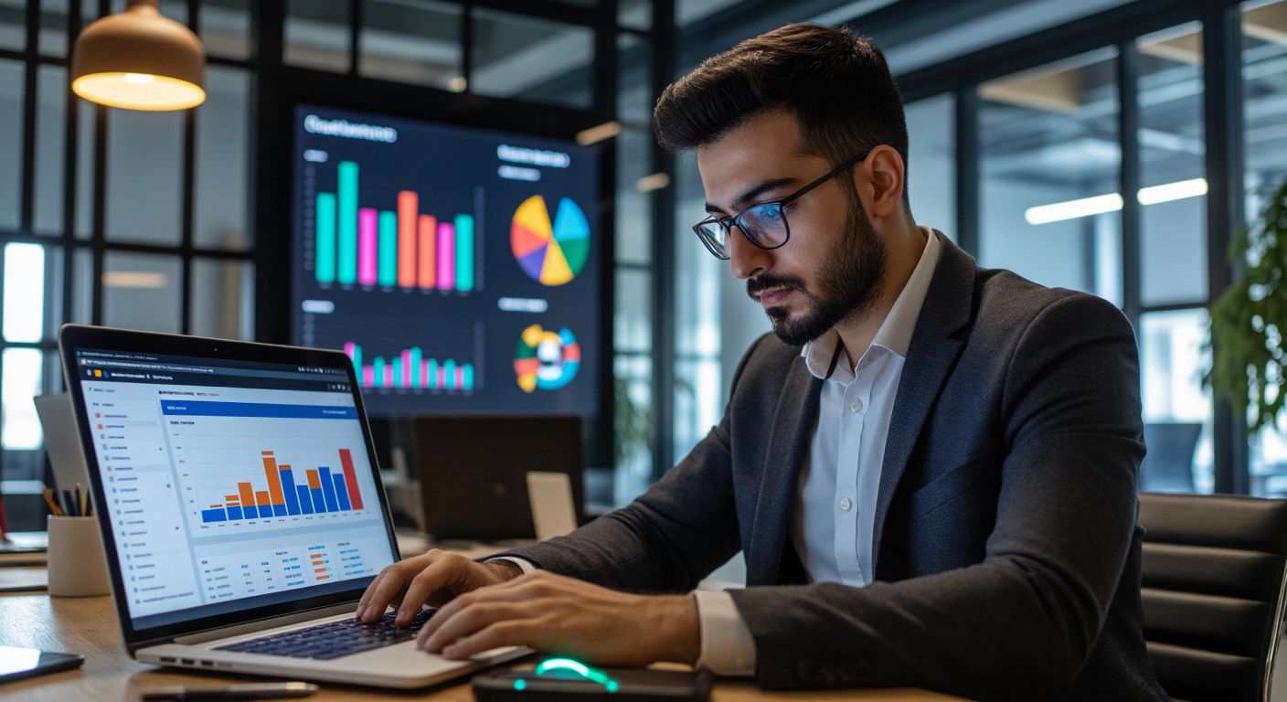 A Turkish business analyst in a modern office, intently studying a glowing spreadsheet on a laptop while colorful bar graphs and pie charts float above the screen, symbolizing customer segmentation.