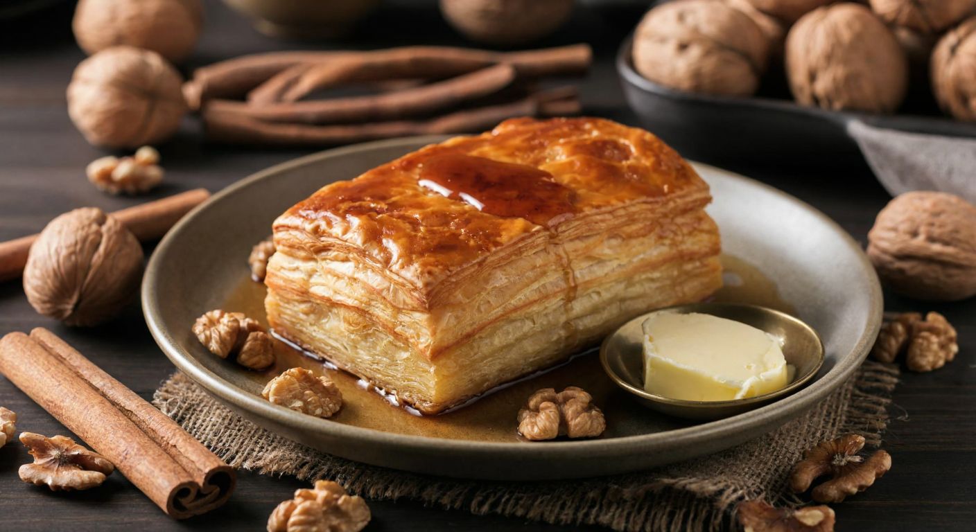 A golden-brown layered pastry, drizzled with syrup, sits on a ceramic plate surrounded by scattered walnuts, cinnamon sticks, and a small bowl of melted butter, evoking warmth and tradition.
