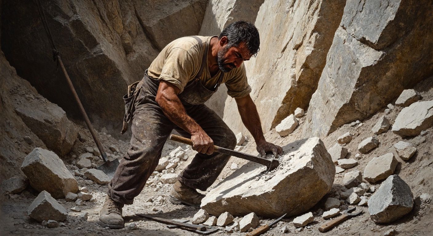 A rugged Turkish laborer in a dusty stone quarry forcefully drives a long, heavy iron spike into a rock, sweat glistening on his brow, with scattered tools and broken stones around him.