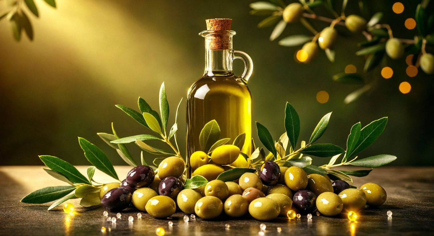 A golden olive oil bottle surrounded by fresh olives, green leaves, and small glowing orbs representing vitamins E, A, D, and K, evoking health and Mediterranean richness.