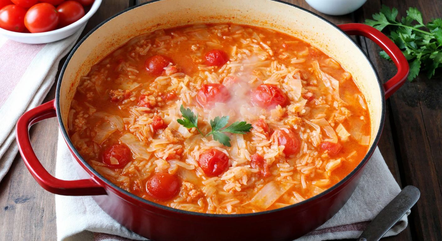 A steaming pot of kapuska stew with rice grains visible among the cabbage and tomatoes, set on a rustic wooden table in a Turkish kitchen.