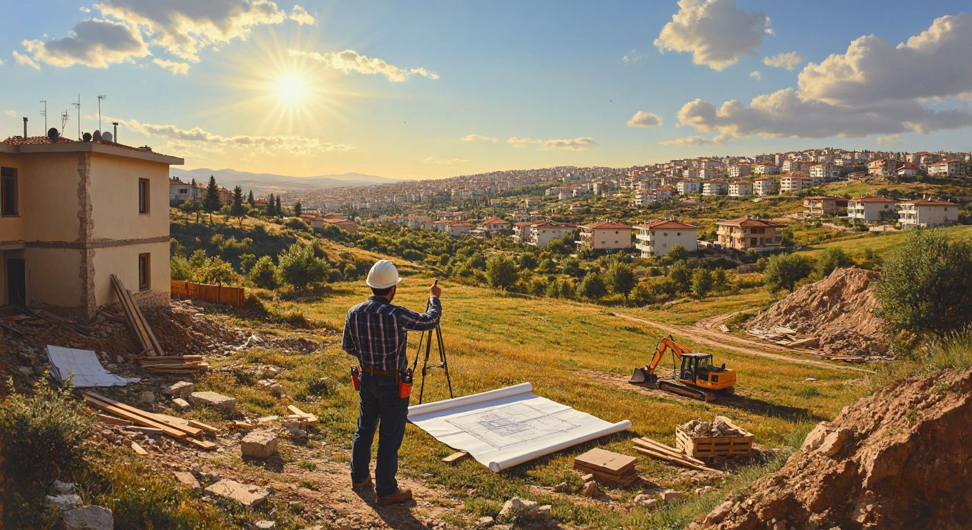 A sunlit, rolling plot of vacant land in Turkey, with a surveyor in a hardhat examining blueprints while a real estate agent gestures toward the horizon, surrounded by scattered construction materials and a distant skyline of low-rise buildings.