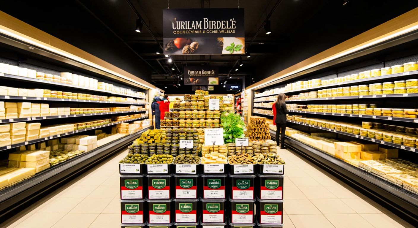 A well-lit supermarket aisle with neatly stacked gourmet food products, including Turkish delicacies like olives, cheeses, and baklava, under elegant signage.