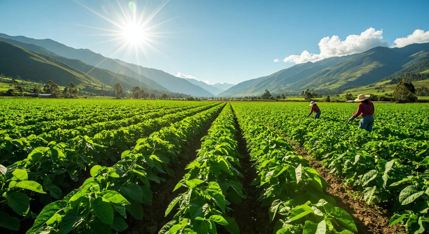 A lush green field in South America with rows of lima bean plants under a bright sun, surrounded by distant mountains and farmers in wide-brimmed hats tending to the crops.
