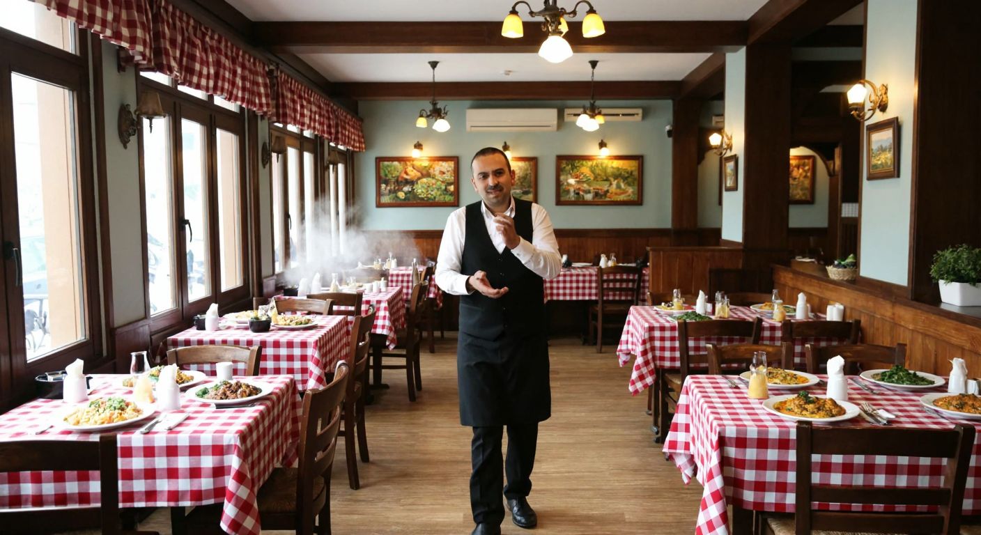 A cozy, traditional Turkish restaurant with wooden tables and checkered tablecloths, filled with steaming plates of home-style dishes, where a waiter shakes his head politely in response to a customer’s question.