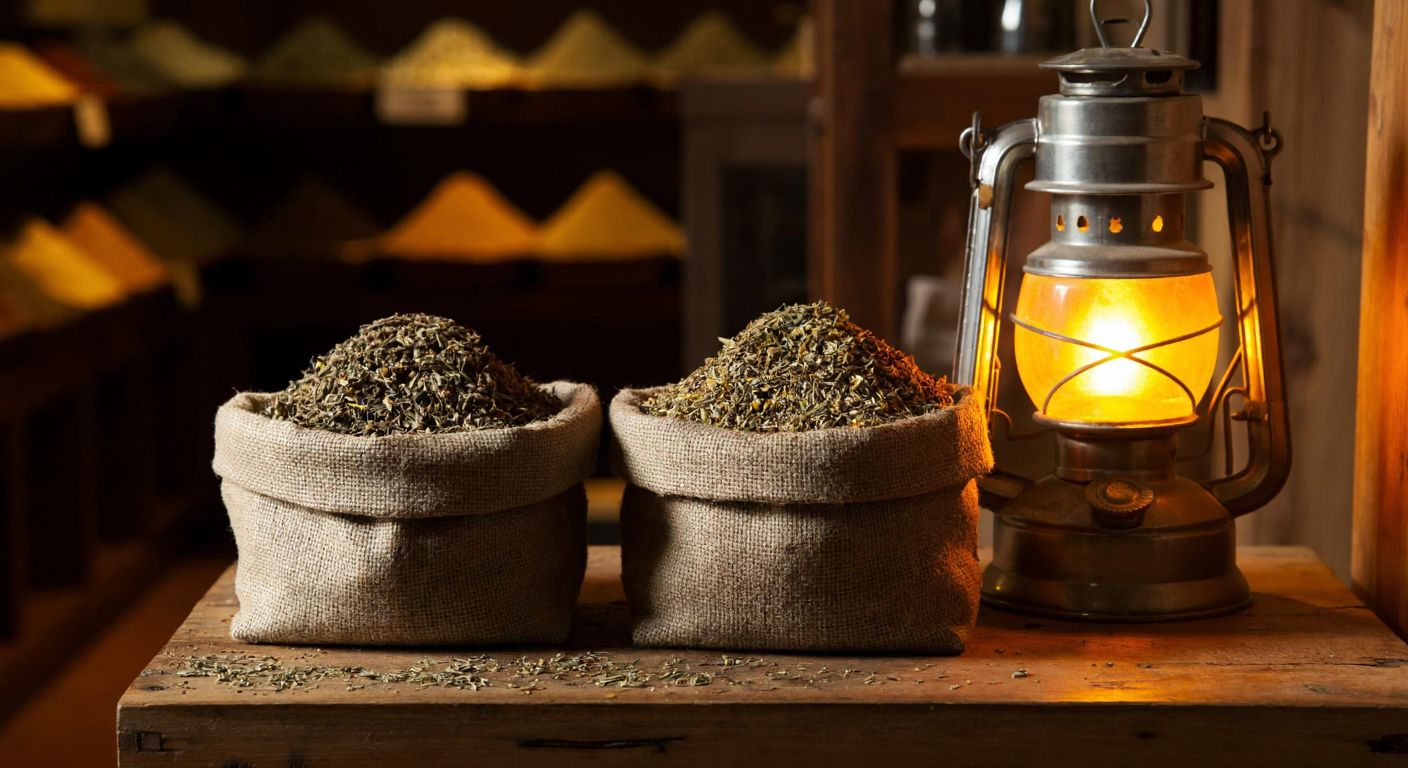 A rustic wooden table in a Turkish spice shop displays two small burlap sacks—one filled with dried thyme and the other with savory—bathed in warm golden light from a hanging lantern.