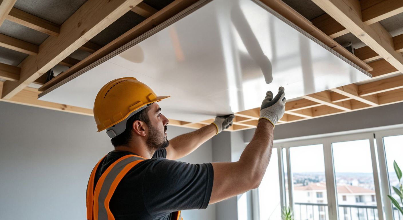 A Turkish construction worker in a hard hat carefully installing smooth white plasterboard panels onto a suspended ceiling frame in a bright, modern apartment.