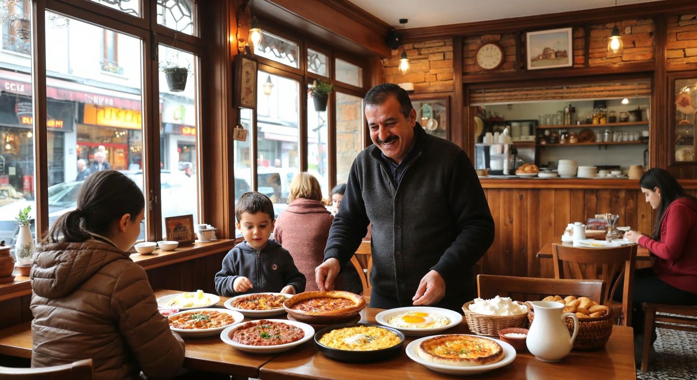 A cozy breakfast café in Istanbul's Kadıköy district, with a warm wooden interior, a smiling middle-aged man (Cihan) serving traditional Turkish breakfast dishes like menemen and kaymak, while a mother and child arrange fresh simit on a nearby table.