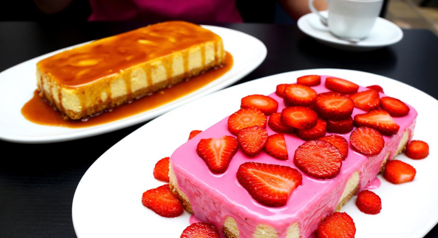 A vibrant dessert table in a Turkish café, featuring two slices of Dr. Oetker's trileçe—one drizzled with golden caramel and the other topped with fresh strawberries and pink sauce.