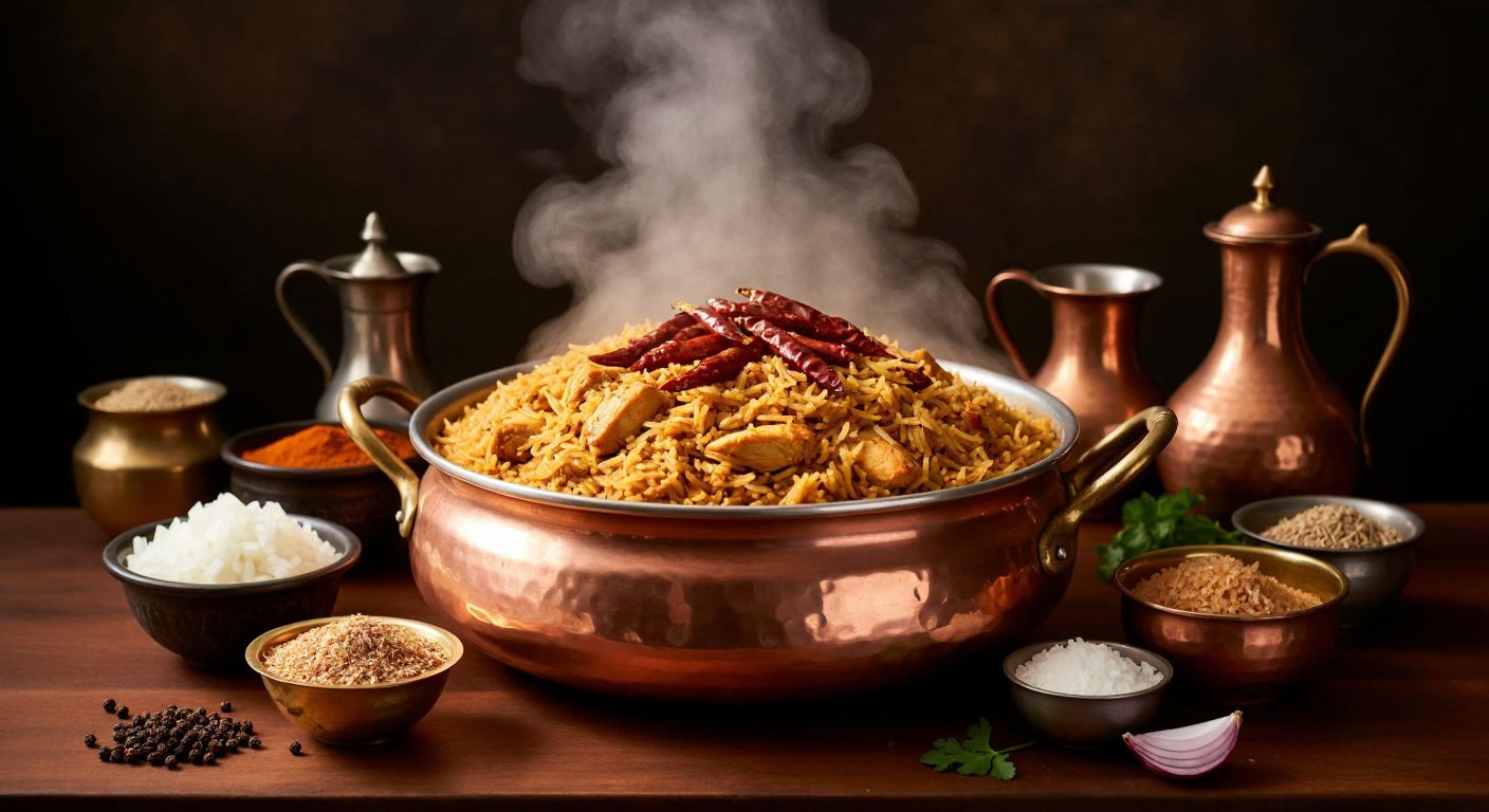 A steaming copper pot filled with golden wheat and shredded chicken, topped with sizzling red pepper oil, surrounded by bowls of chopped onions and aromatic spices like cumin and black pepper, evoking warmth and tradition.