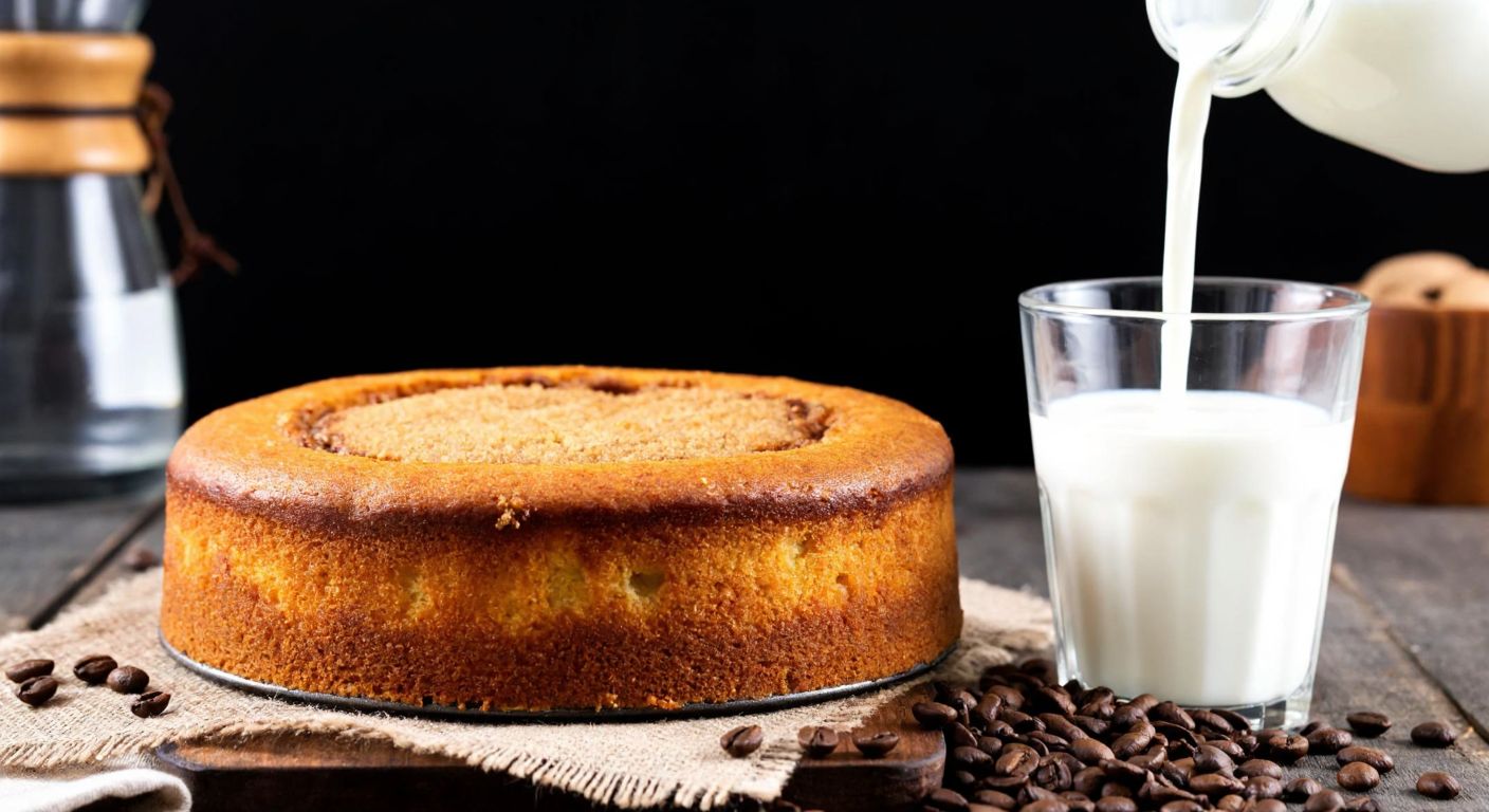 A warm, golden-brown coffee cake sits on a rustic wooden table, with a glass of fresh milk being poured into the mixing bowl beside it, surrounded by scattered coffee beans and a cozy Turkish kitchen backdrop.
