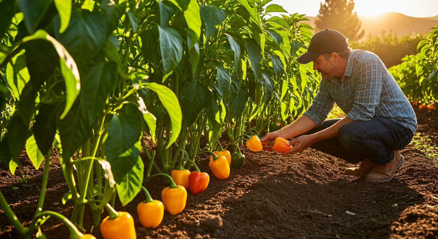 A sunlit garden in California with vibrant green and yellow bell pepper plants sprouting from rich soil, their leaves glistening under warm sunlight, while a gardener in casual attire kneels nearby, gently inspecting the young peppers with a hopeful expression.