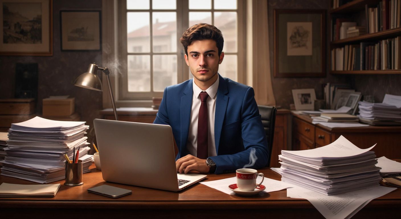 A young Turkish adult sits at a wooden desk with a laptop open, surrounded by neatly stacked papers (CV and motivation letter), a steaming cup of Turkish tea, and a small EU flag pin on their collar, their expression focused yet hopeful.
