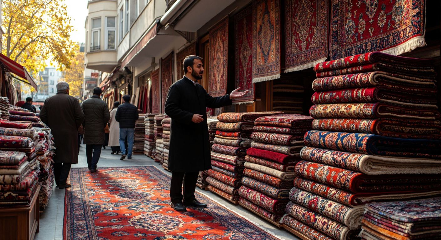 A bustling carpet shop in Fındıkzade, Istanbul, with vibrant stacks of handwoven Turkish rugs in rich reds and blues, a shopkeeper in traditional attire gesturing toward a display, and customers examining intricate patterns under warm golden light.