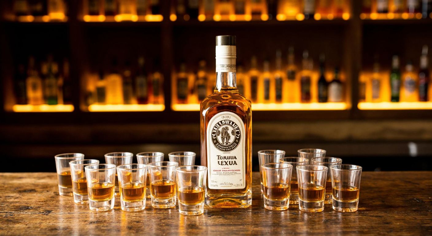 A full bottle of tequila surrounded by 33 small shot glasses on a rustic wooden table in a warmly lit bar.