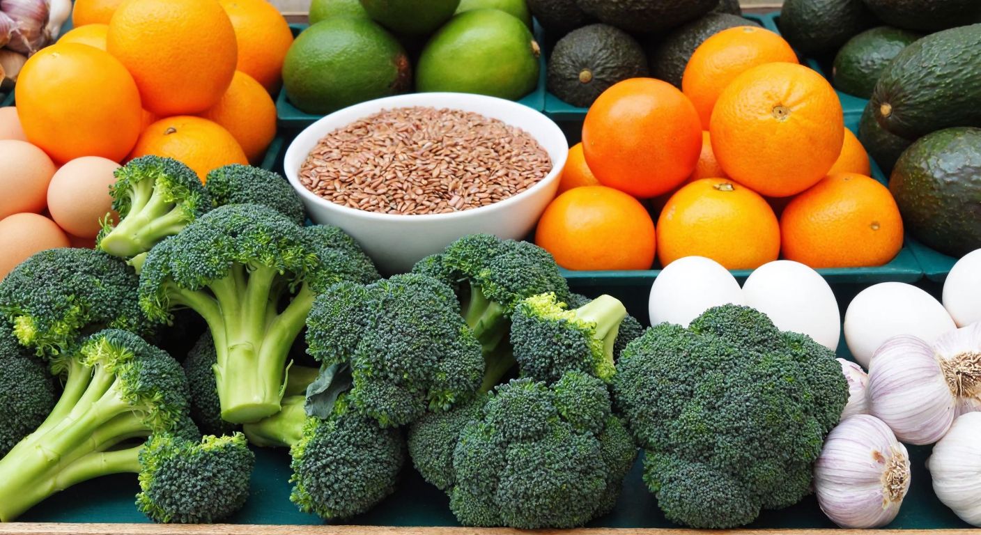 A vibrant Turkish market stall overflowing with fresh broccoli, avocados, oranges, eggs, and garlic, arranged neatly beside a small bowl of flaxseeds, evoking health and abundance.