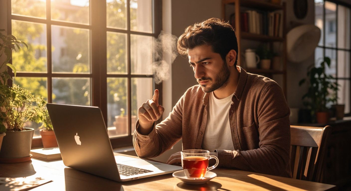 A focused Turkish man in casual attire sits at a wooden desk in a sunlit room, his finger hovering over a laptop keyboard while a steaming cup of Turkish tea rests beside him, his expression showing determination as he searches for listings.