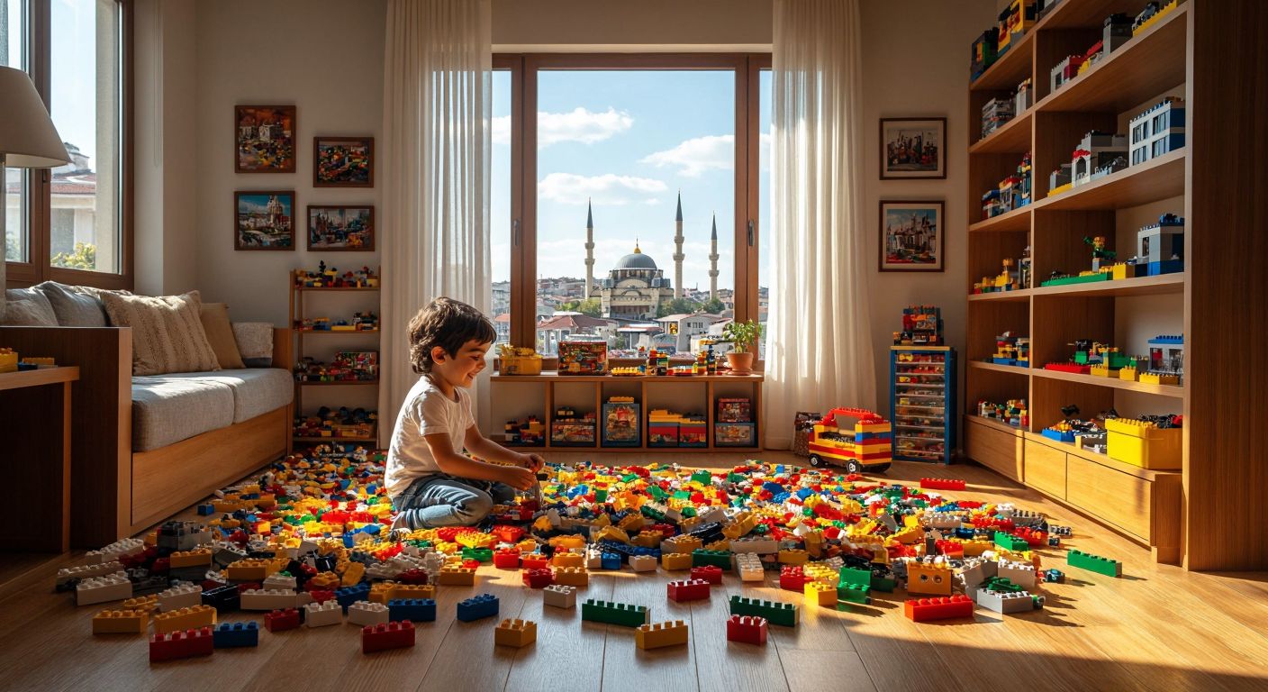 A vibrant, sunlit room in a Turkish home with colorful LEGO bricks scattered across a wooden floor, a child smiling while building a miniature LEGO version of Istanbul's skyline, and shelves displaying neatly organized LEGO sets.