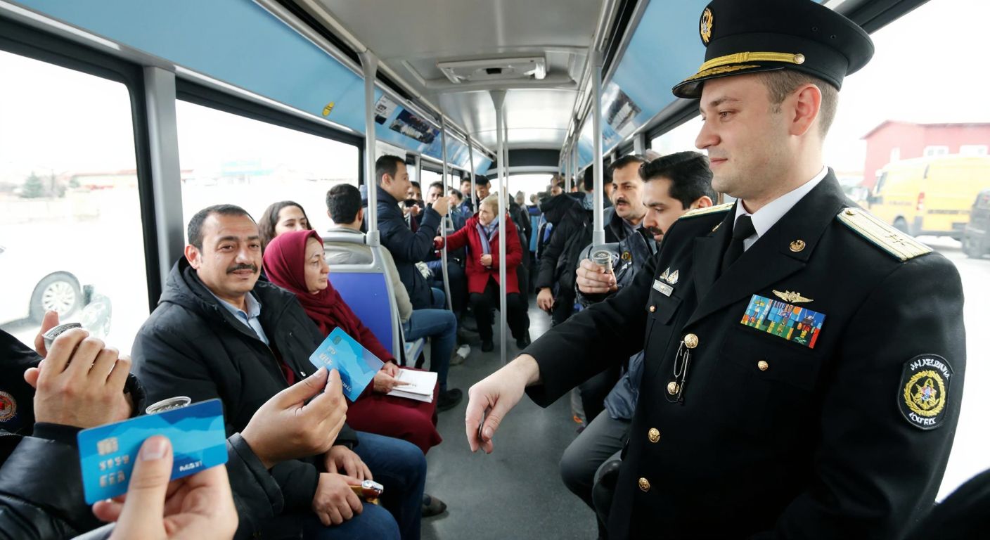 A crowded bus in Kocaeli with passengers holding blue transit cards, exchanging coins and small bills, while a driver in a navy uniform nods approvingly.