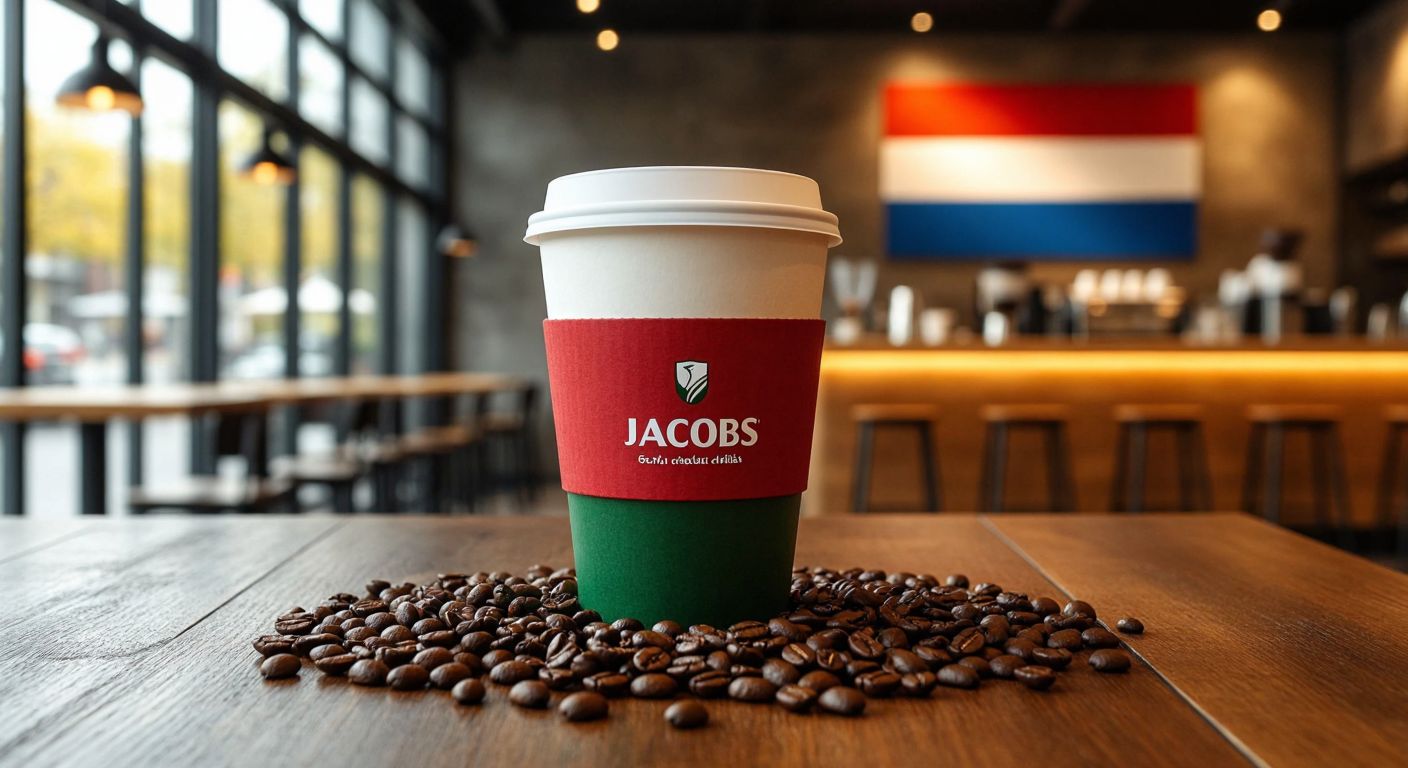 A sleek coffee cup with the Jacobs logo sits on a wooden table in a modern Dutch café, surrounded by coffee beans and a subtle Dutch flag motif in the background.