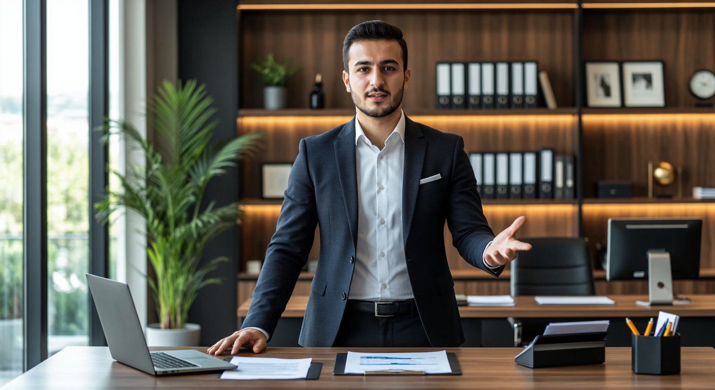 A well-dressed professional in a modern Turkish office confidently gestures toward a neatly organized desk with a printed document, symbolizing structured communication and professionalism.