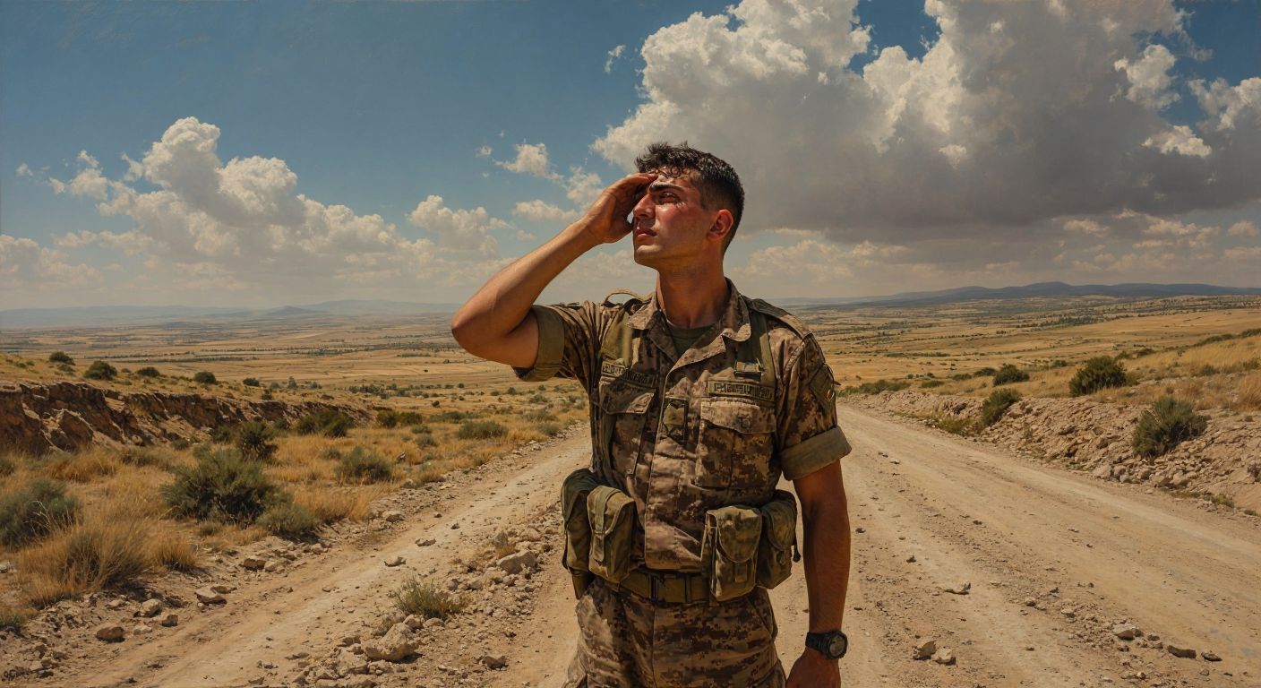 A young Turkish soldier in fatigues stands under the scorching sun on a dusty, arid landscape in Cyprus, wiping sweat from his brow while gazing at a distant horizon with a mix of determination and longing.