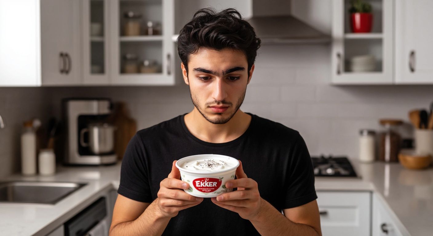 A concerned Turkish consumer in a kitchen holds an open container of Eker yogurt, frowning at visible black specks and plastic fragments mixed in the creamy white yogurt.