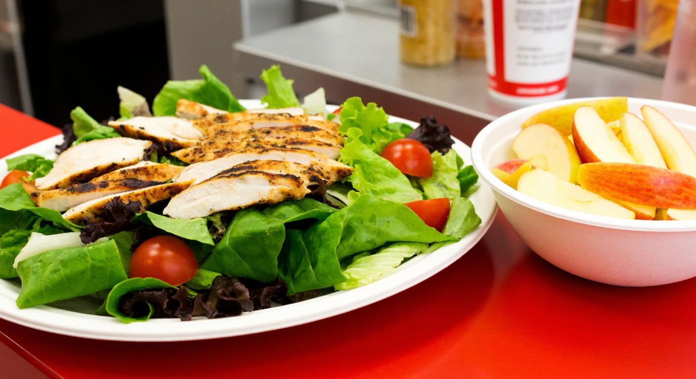 A vibrant fast-food counter displays a charbroiled chicken salad with fresh greens, grilled chicken slices, and cherry tomatoes, alongside a small bowl of crisp apple slices, evoking a sense of mindful eating.