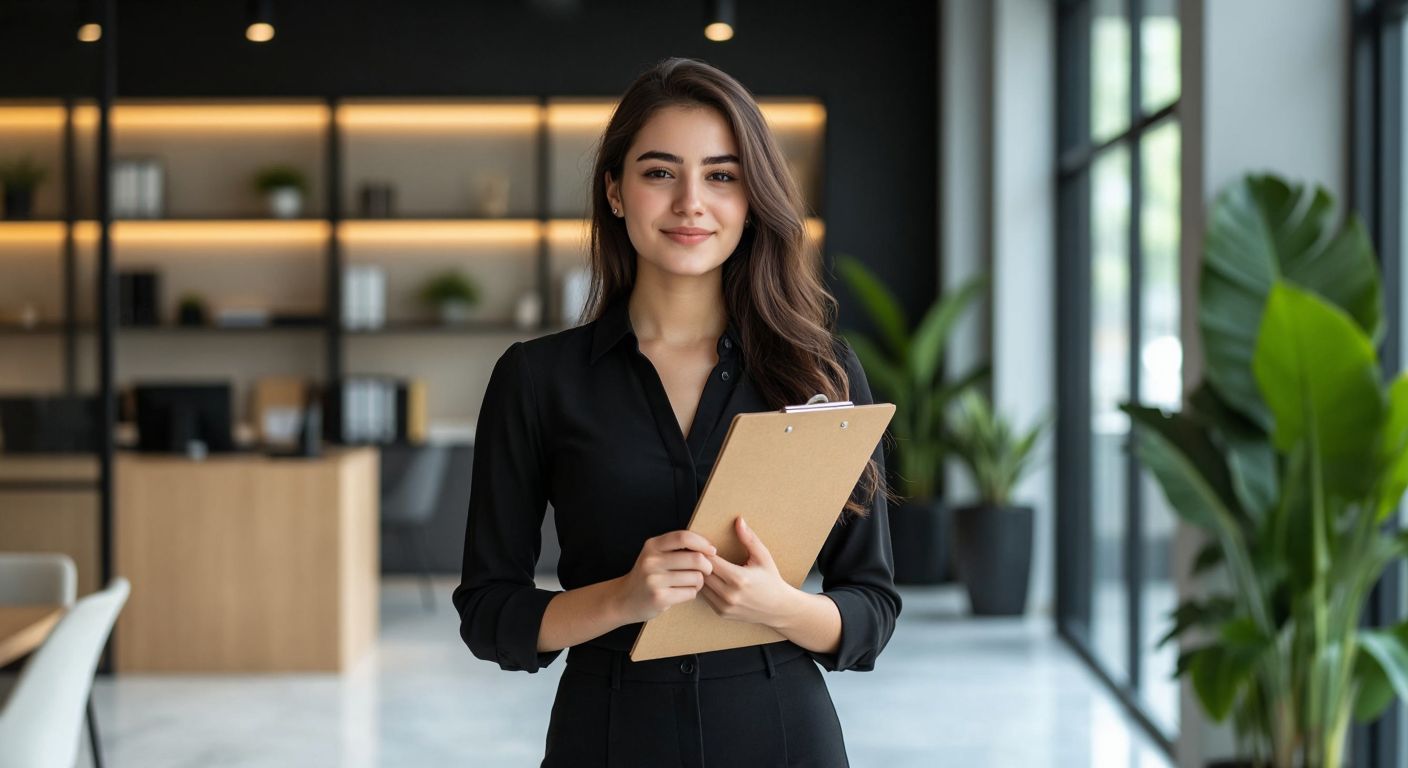 A poised young woman in a professional blouse and skirt stands confidently in a modern Turkish office, holding a clipboard with a warm, attentive smile while maintaining elegant posture.
